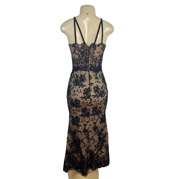 Black Lace Overlay Nude Lined Strappy Corset Midi Dress With Zipper Back - Picture 3 of 8